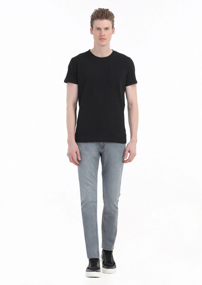 Black Plain Crew Neck 100% Linen T-Shirt - 1