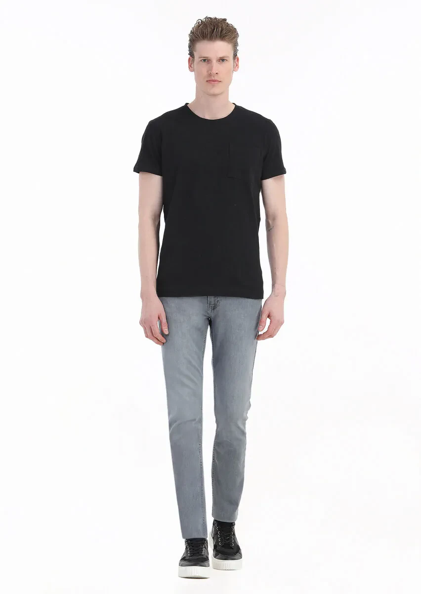 Black Plain Crew Neck 100% Linen T-Shirt - 1