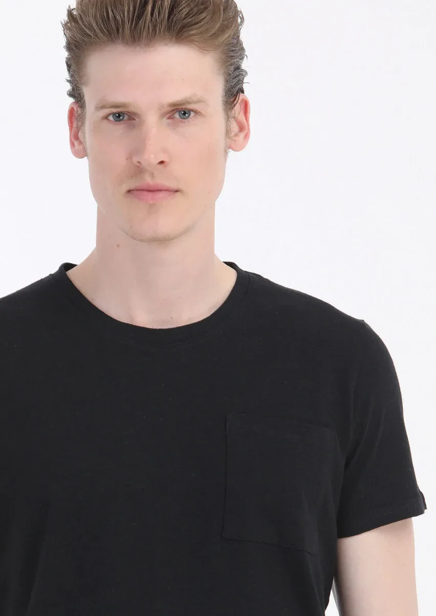 Black Plain Crew Neck 100% Linen T-Shirt - 3