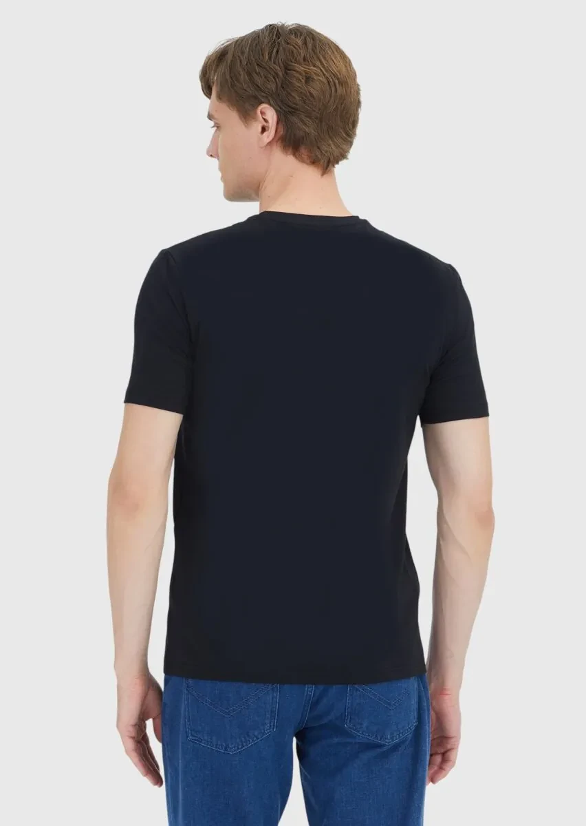 Black Plain Crew Neck Cotton Blended T-Shirt - 5