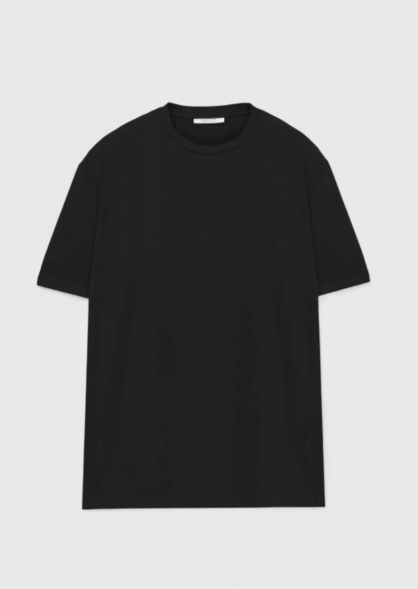 Black Plain Crew Neck Cotton Blended T-Shirt - 6