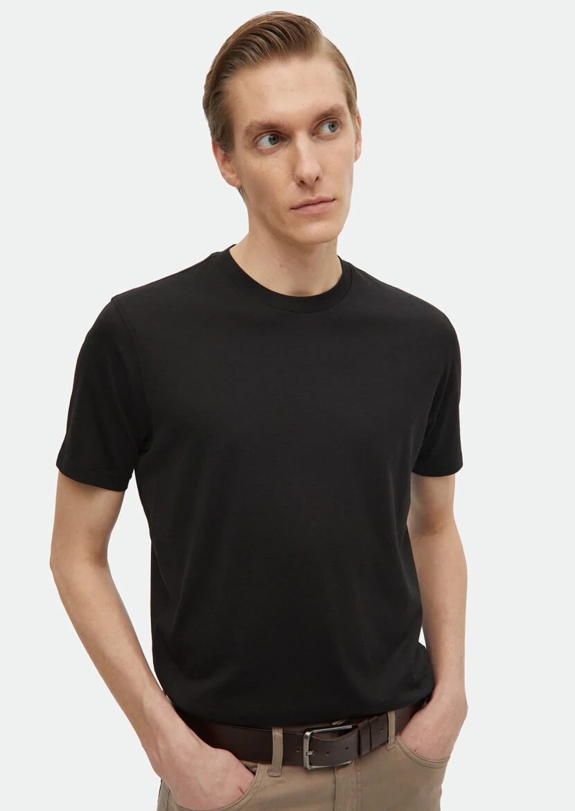 Black Plain Crew Neck Silk Blended T-Shirt - RAMSEY