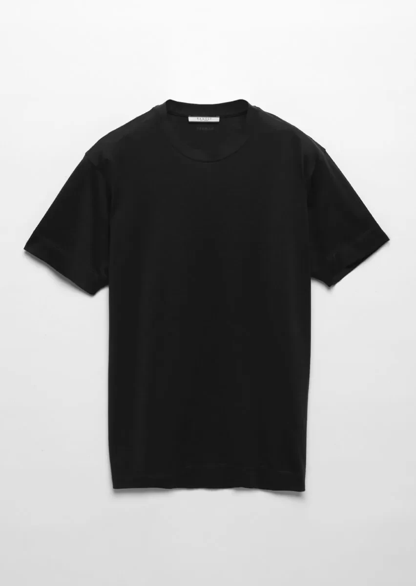 Black Plain Crew Neck Silk Blended T-Shirt - 5