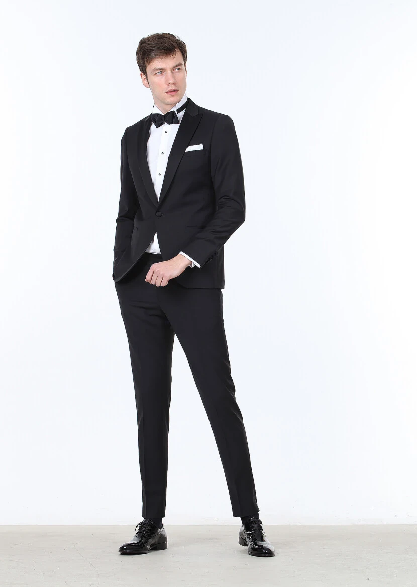 Black Plain Fashion Slim Fit Double Breasted Collar Weaving Tuxedo - RAMSEY