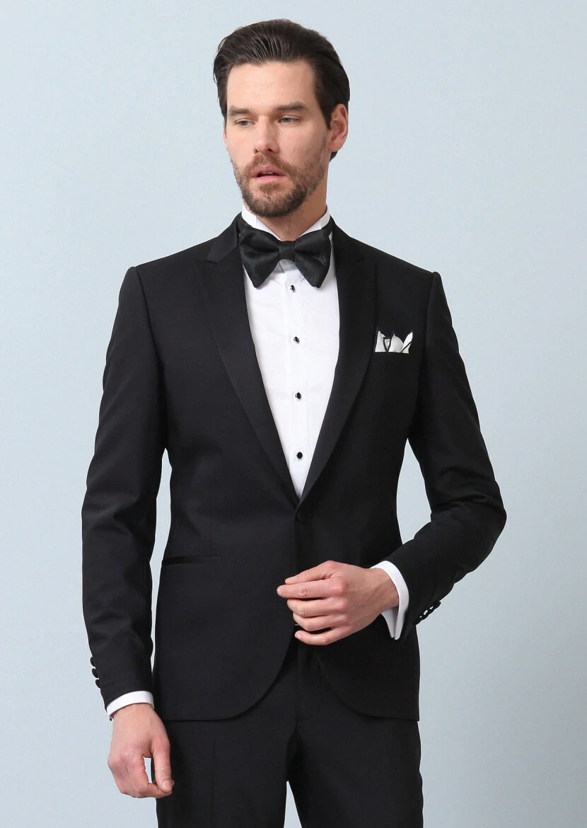 Black Plain Fashion Slim Fit Double Breasted Collar Weaving Tuxedo - 4