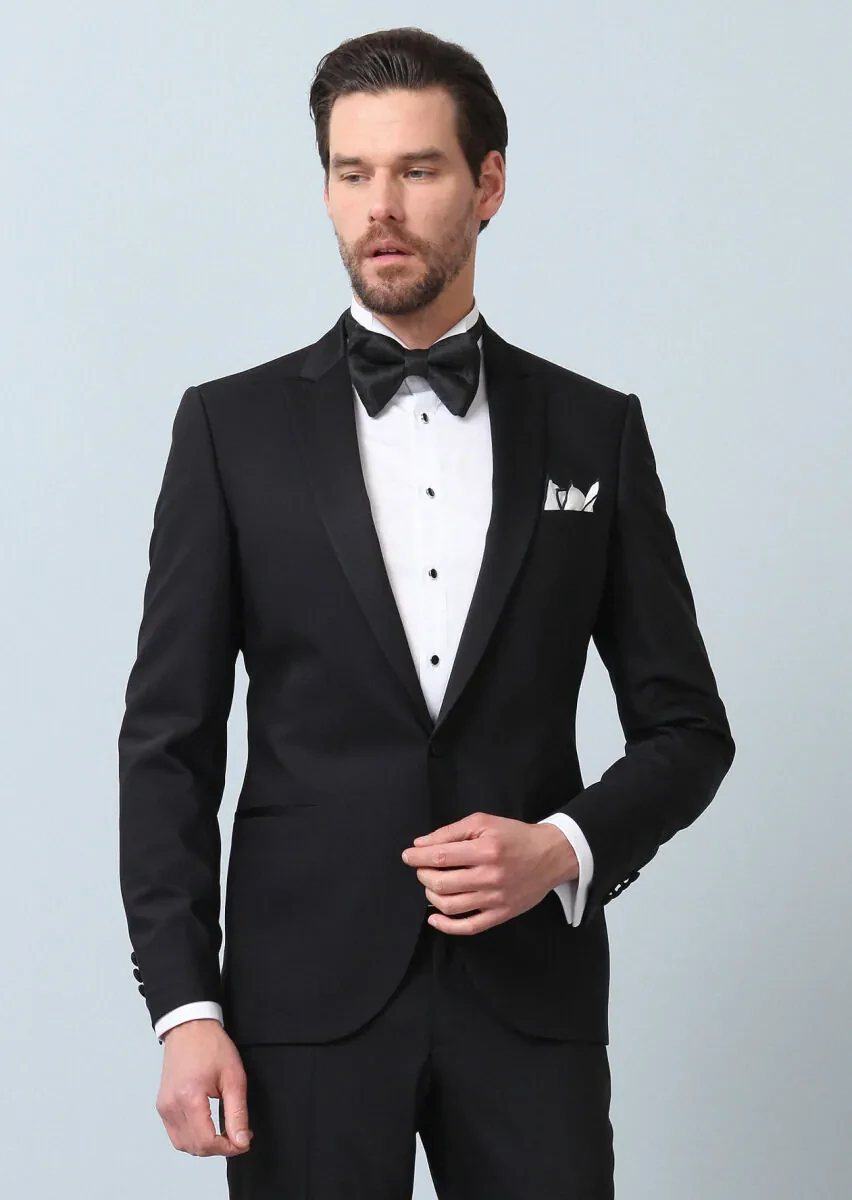 Black Plain Fashion Slim Fit Double Breasted Collar Weaving Tuxedo - 4