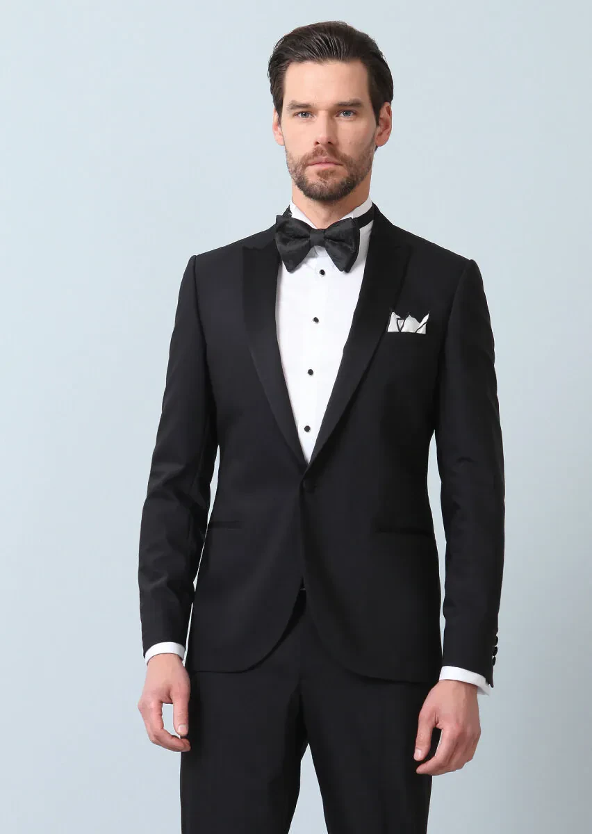 Black Plain Fashion Slim Fit Double Breasted Collar Weaving Tuxedo - 5