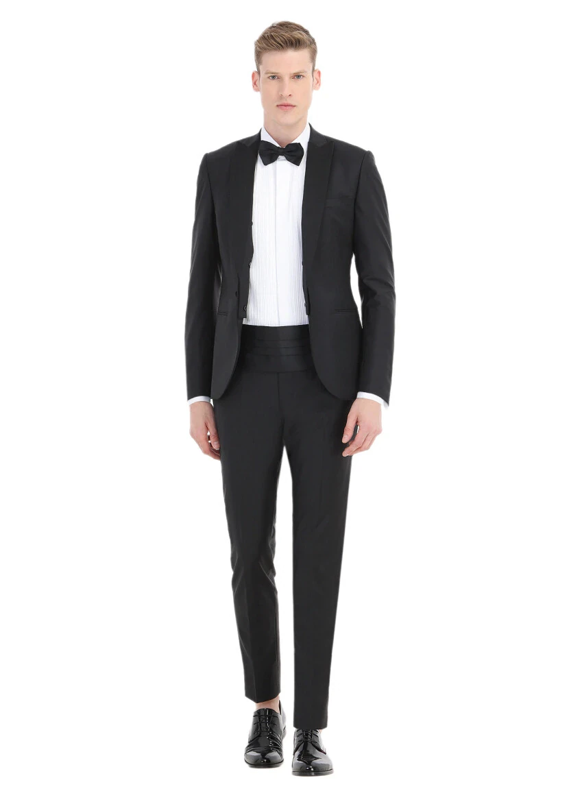 Black Plain Fashion Slim Fit Double Breasted Collar Weaving Tuxedo - RAMSEY