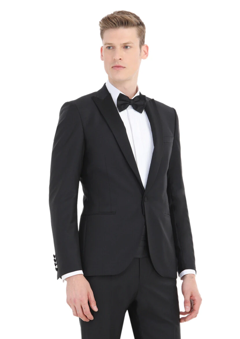 Black Plain Fashion Slim Fit Double Breasted Collar Weaving Tuxedo - RAMSEY