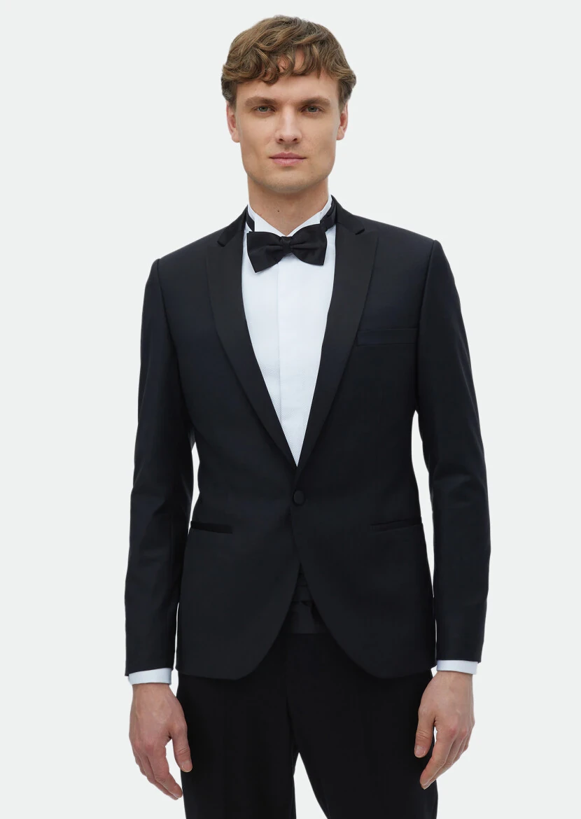 Black Plain Fashion Slim Fit Double Breasted Collar Weaving Tuxedo - RAMSEY