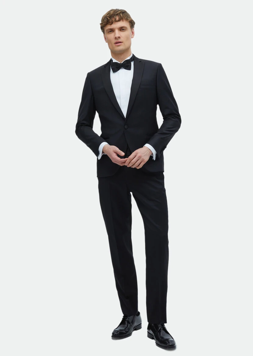 Black Plain Fashion Slim Fit Double Breasted Collar Weaving Tuxedo - RAMSEY