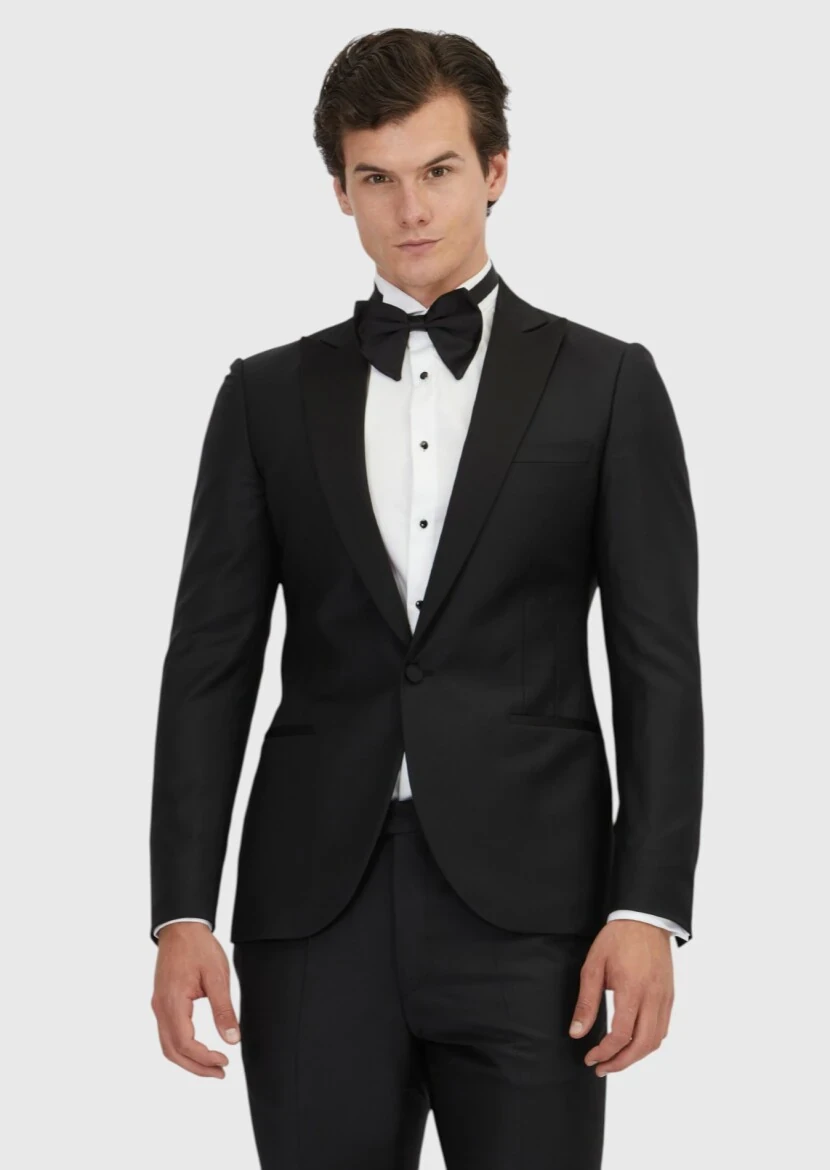 Black Plain Fashion Slim Fit Double Breasted Collar Weaving Tuxedo - RAMSEY