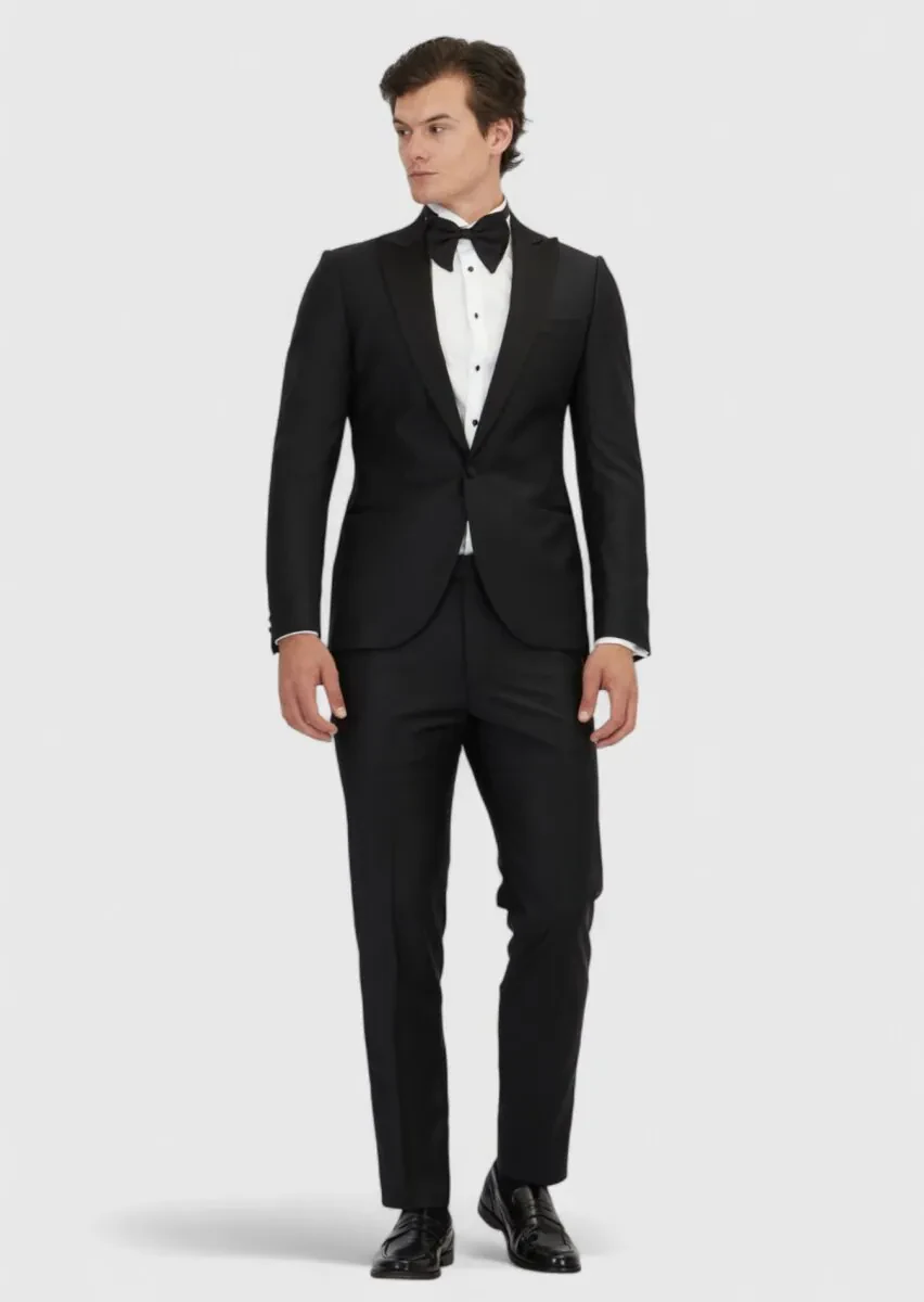 Black Plain Fashion Slim Fit Double Breasted Collar Weaving Tuxedo - 2