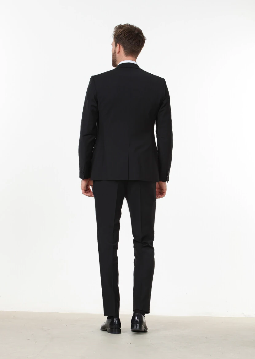 Black Plain Fashion Slim Fit Wool Blended Suit - 4