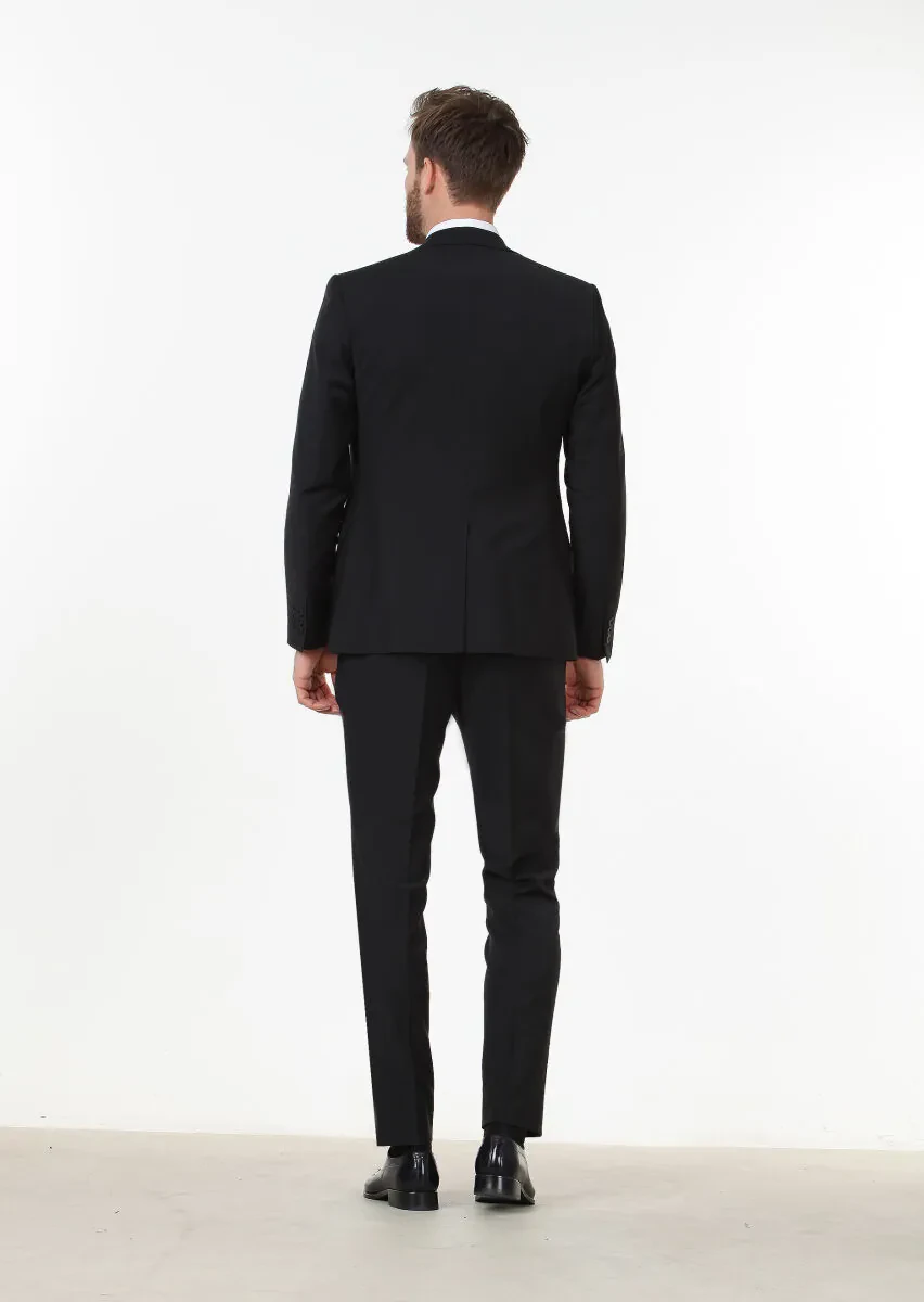 Black Plain Fashion Slim Fit Wool Blended Suit - 4