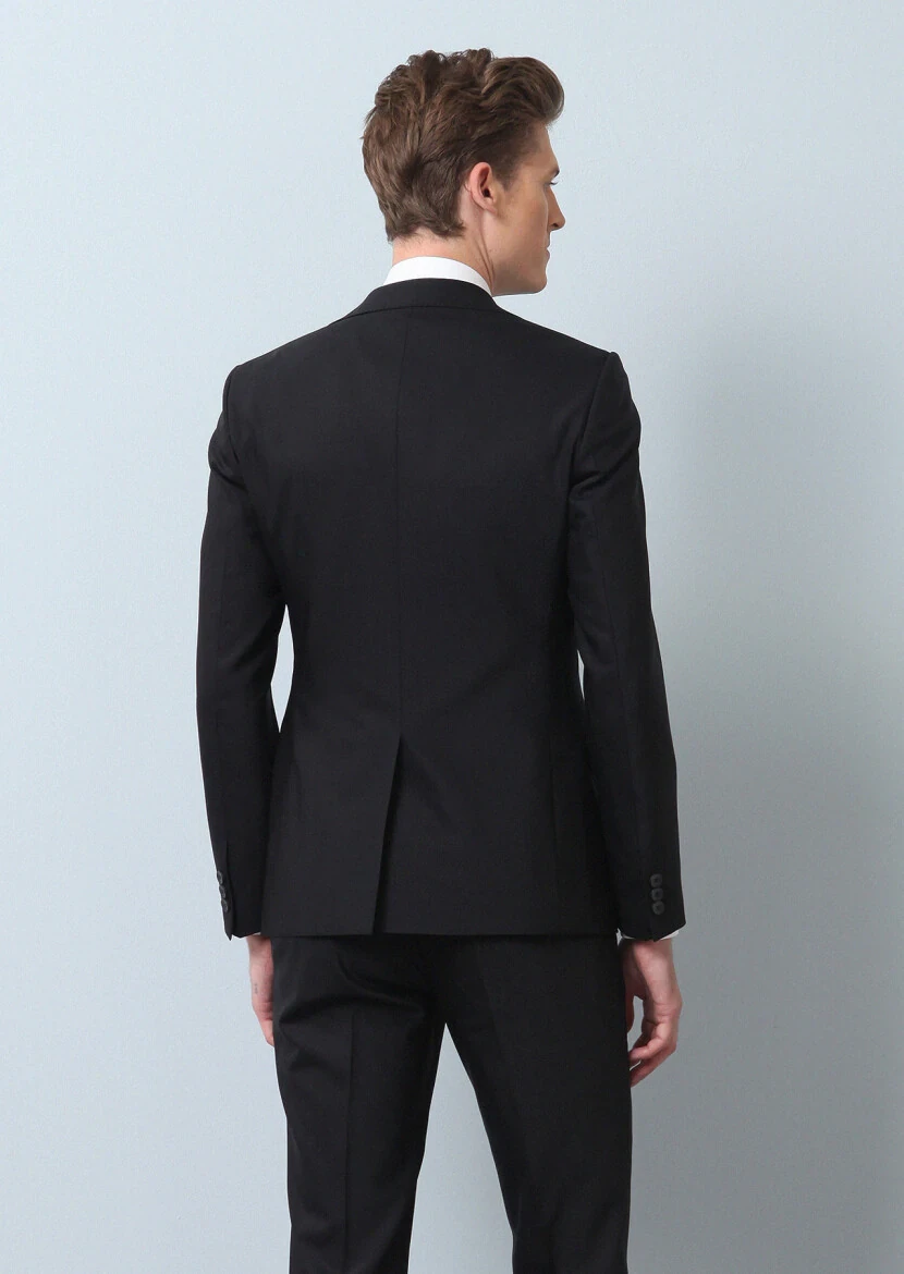 Black Plain Fashion Slim Fit Wool Blended Suit - 5