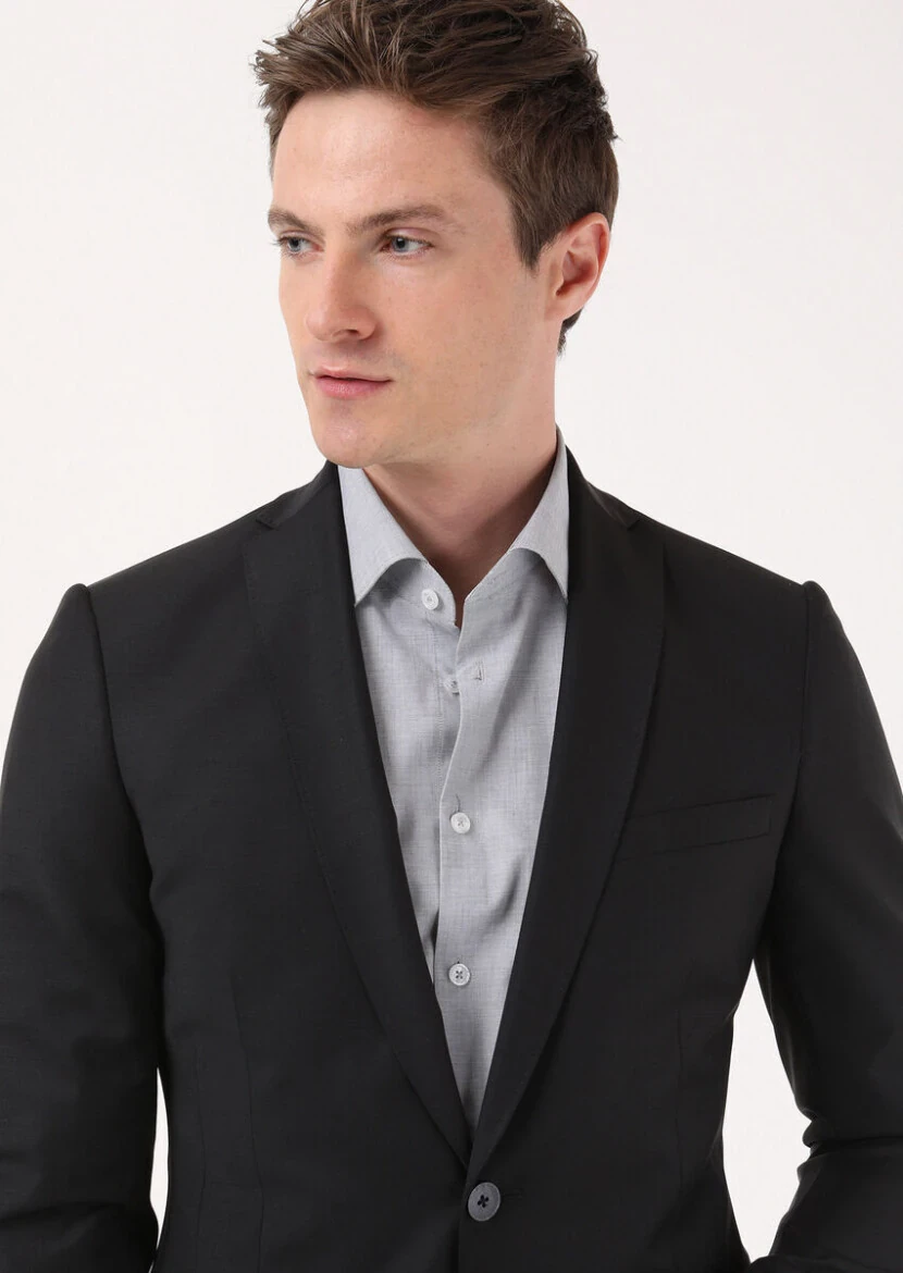 Black Plain Fashion Slim Fit Wool Blended Suit - 3