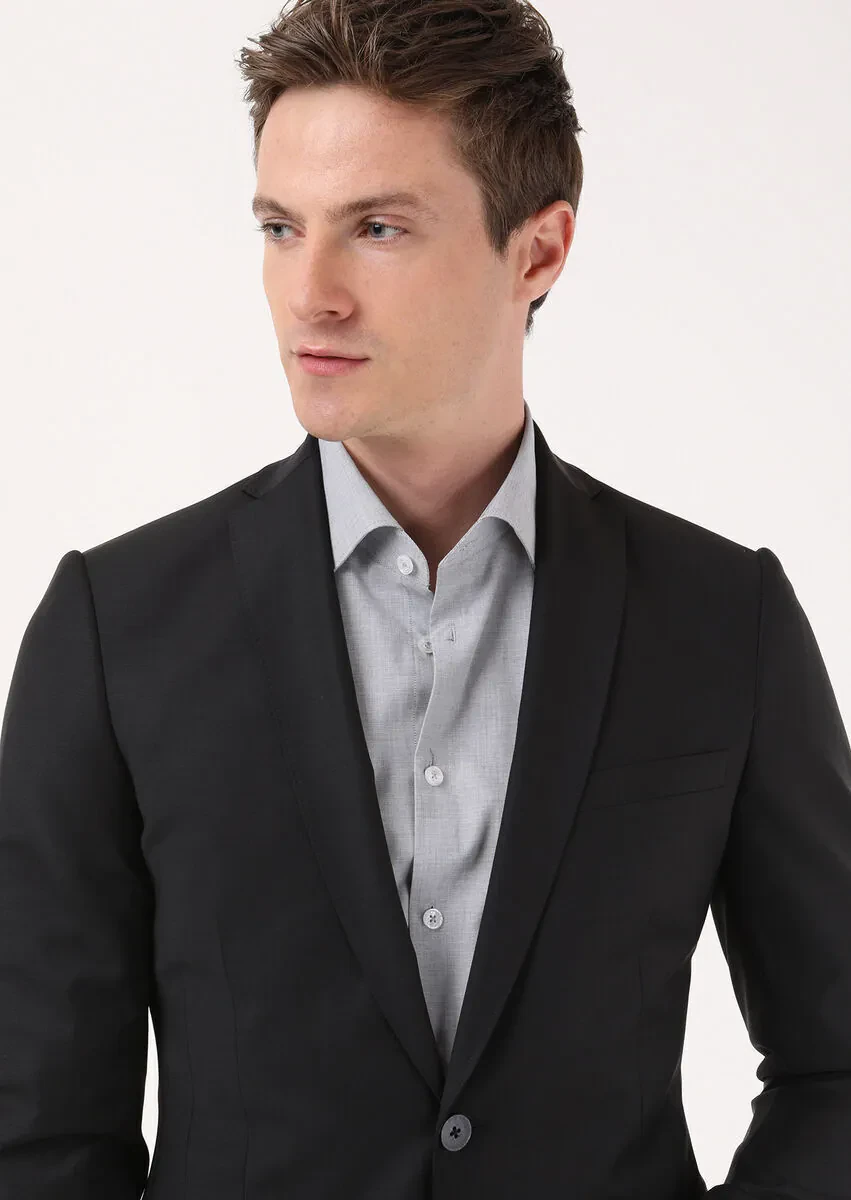 Black Plain Fashion Slim Fit Wool Blended Suit - 3