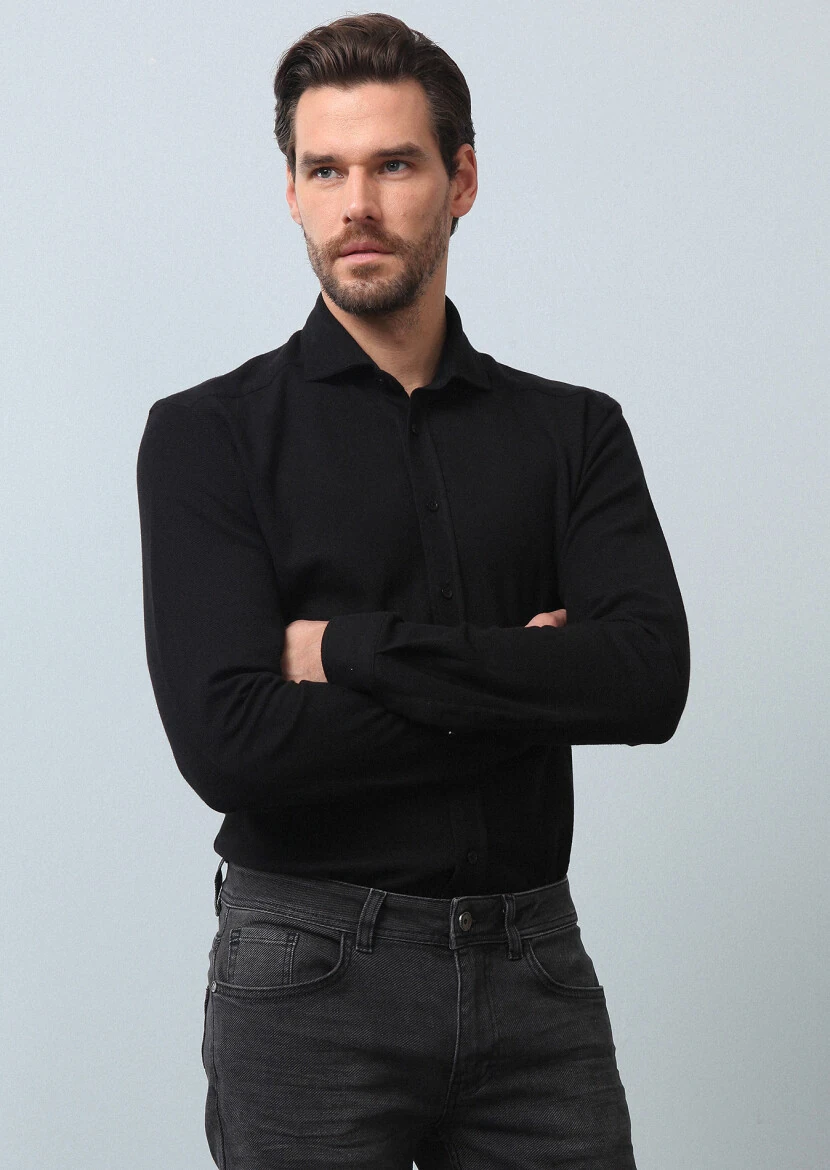 Black Plain Fitted Fit Knitting Casual 100% Cotton Shirt 