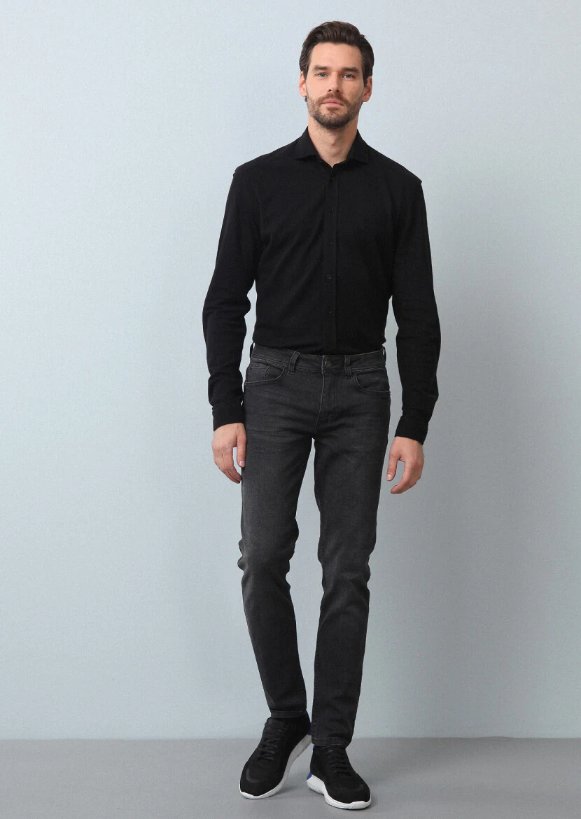 Black Plain Fitted Fit Knitting Casual 100% Cotton Shirt - 3