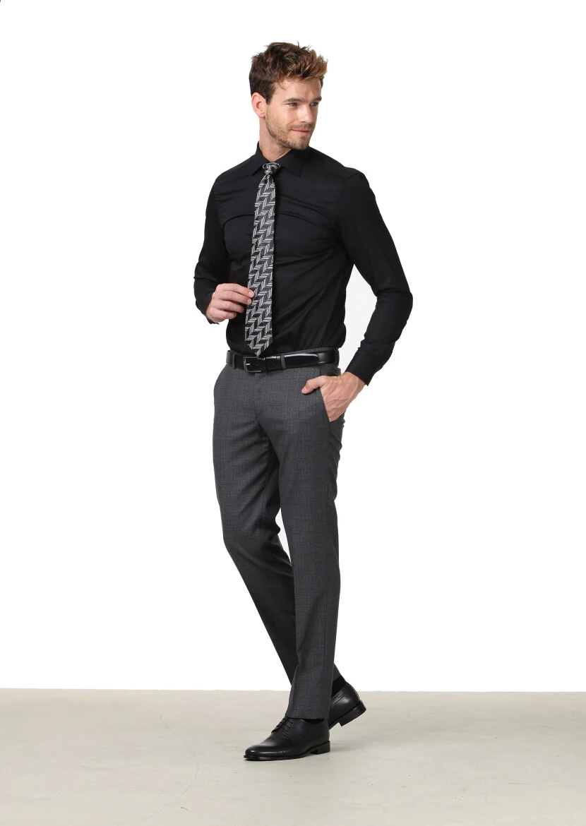 Black Plain Fitted Fit Weaving Classical Cotton Blended Shirt 