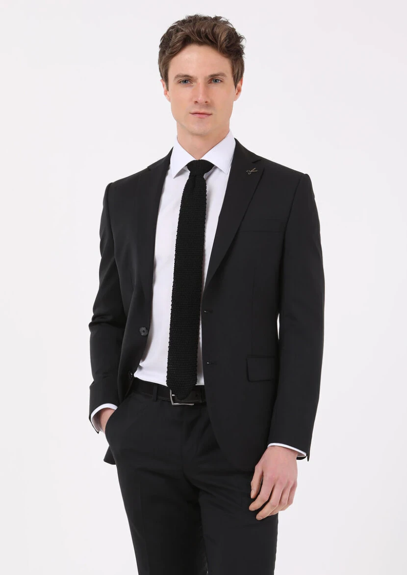 Black Plain Modern Fit 100% Wool Suit - RAMSEY