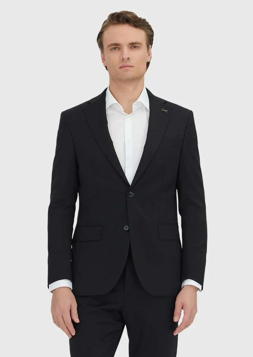 Black Plain Modern Fit 100% Wool Suit - 2