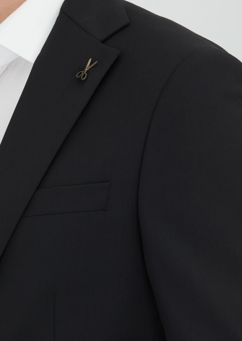 Black Plain Modern Fit 100% Wool Suit - 3