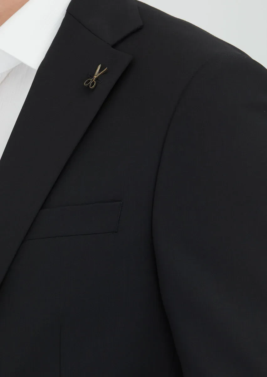 Black Plain Modern Fit 100% Wool Suit - 3
