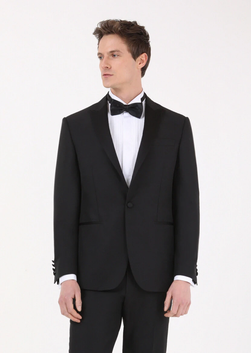 Black Plain Modern Fit Double Breasted Collar Weaving Tuxedo - RAMSEY