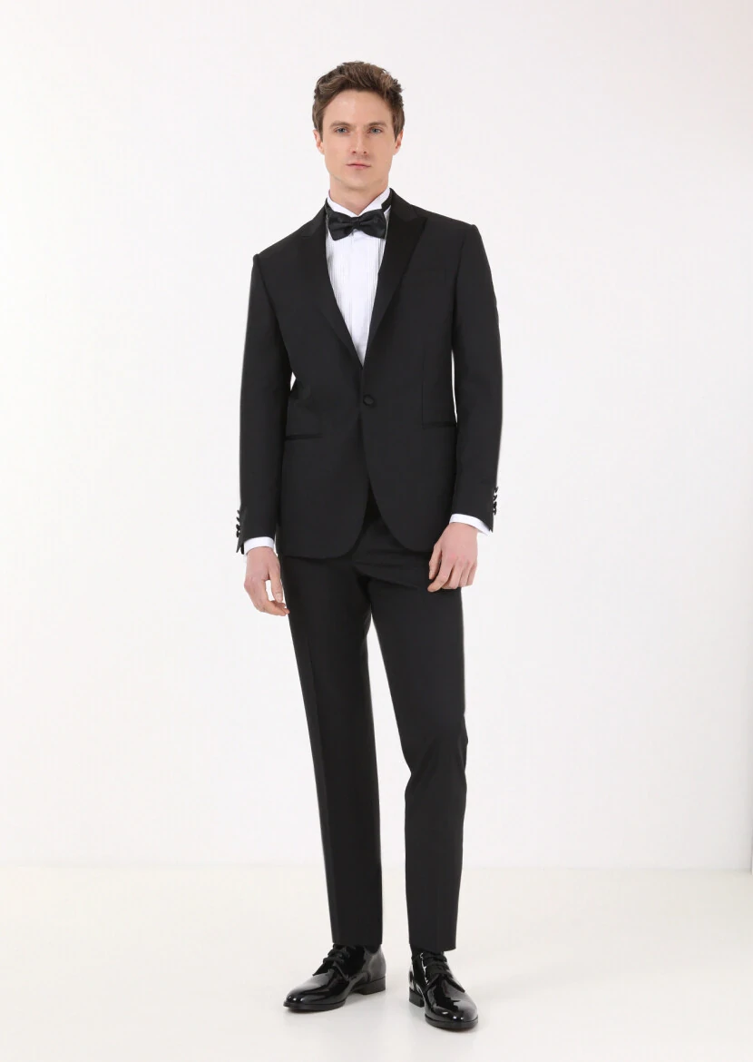 Black Plain Modern Fit Double Breasted Collar Weaving Tuxedo - RAMSEY