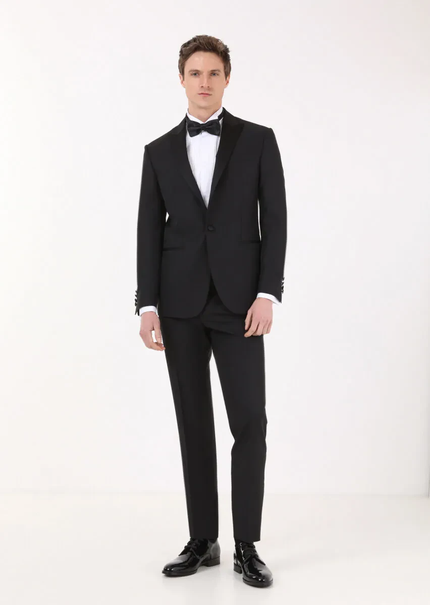 Black Plain Modern Fit Double Breasted Collar Weaving Tuxedo - 2