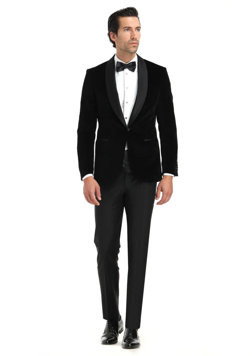 Black Plain Modern Fit Shawl Collar Weaving Tuxedo - RAMSEY