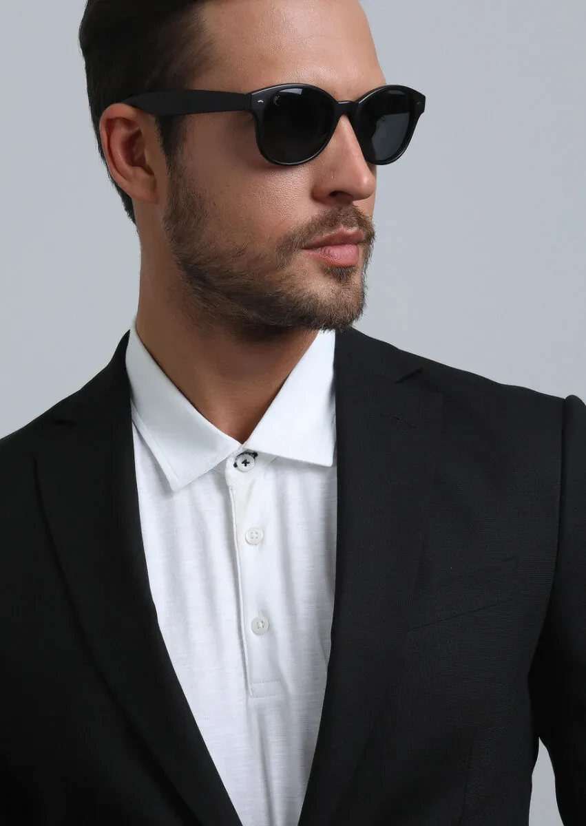 Black Plain Modern Fit Wool Blended Suit - 1