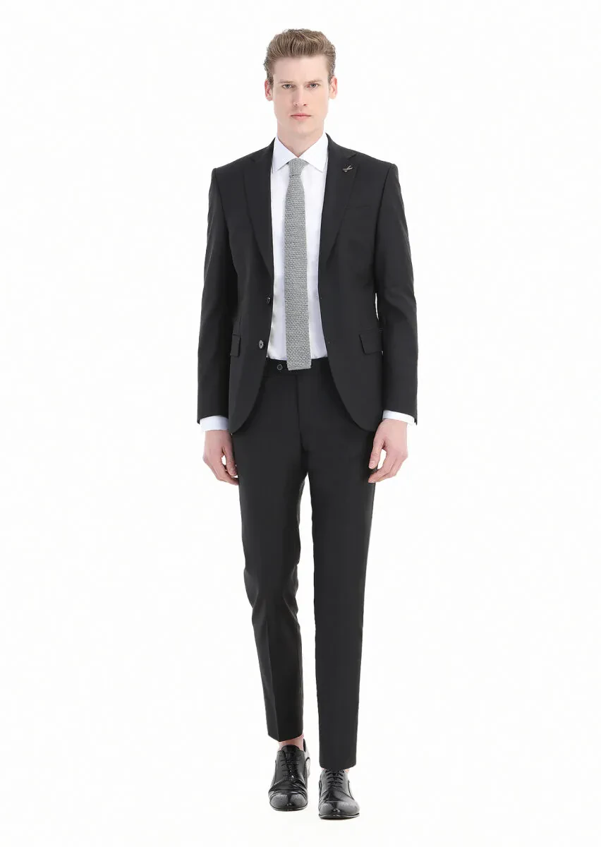 Black Plain Modern Fit Wool Blended Suit - 1