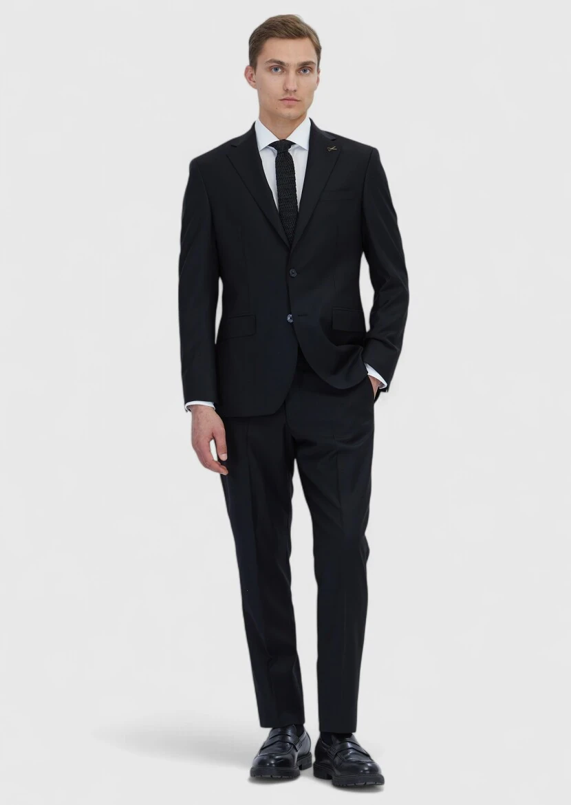 Black Plain Modern Fit Wool Blended Suit - 2