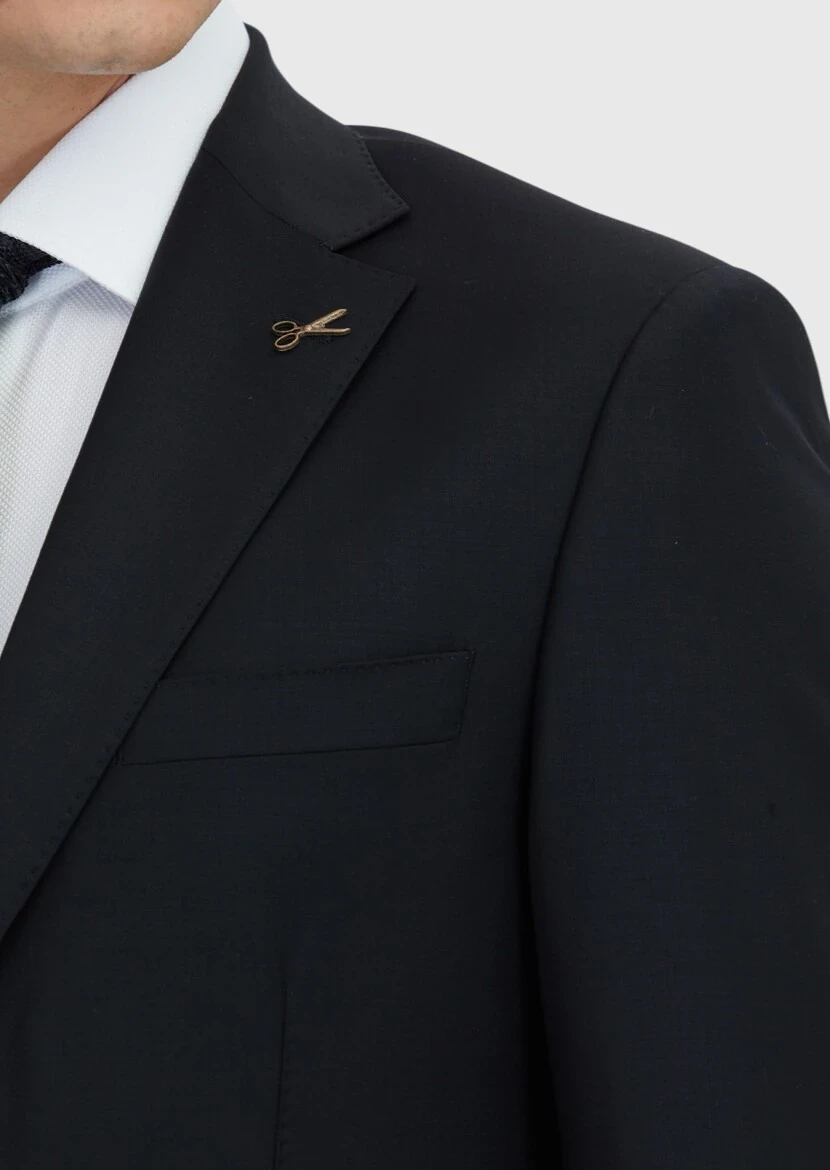 Black Plain Modern Fit Wool Blended Suit - 4