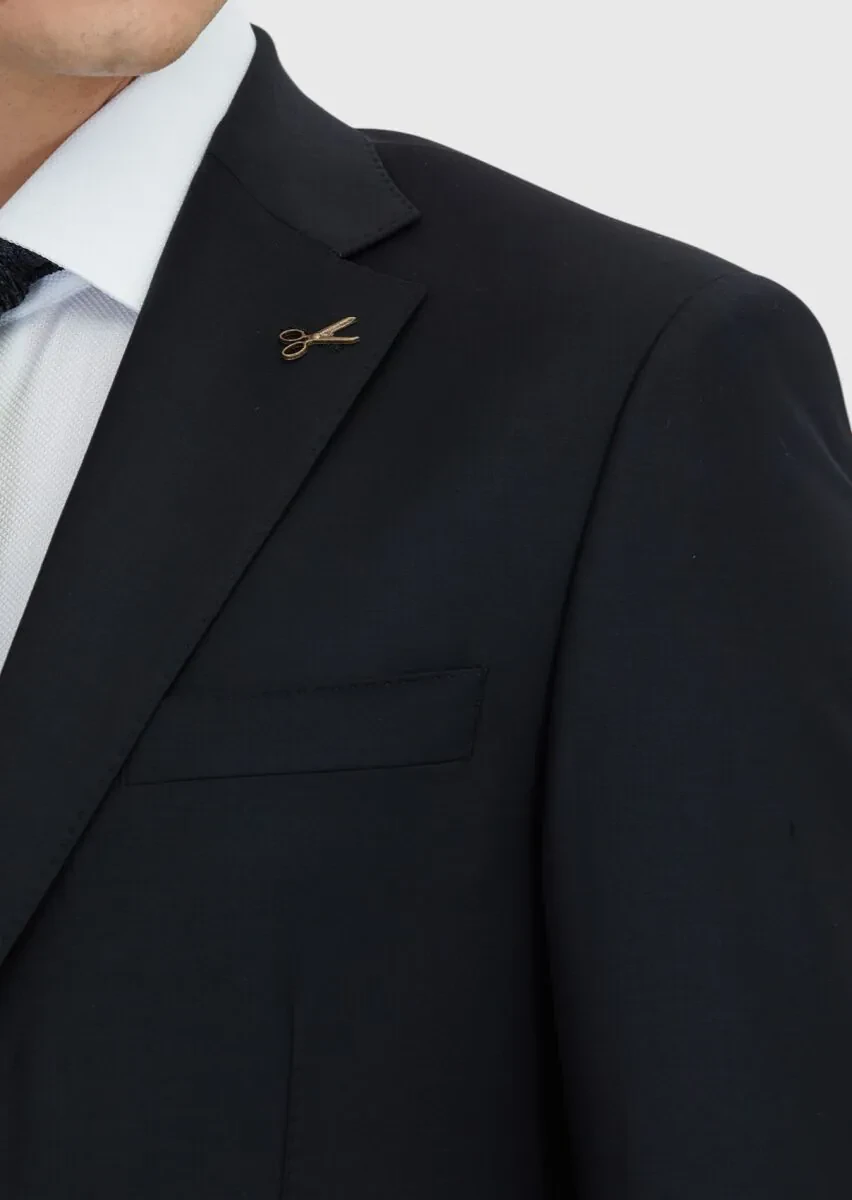 Black Plain Modern Fit Wool Blended Suit - 4