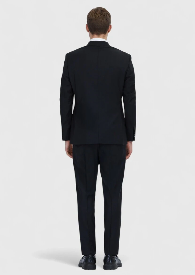 Black Plain Modern Fit Wool Blended Suit - 5