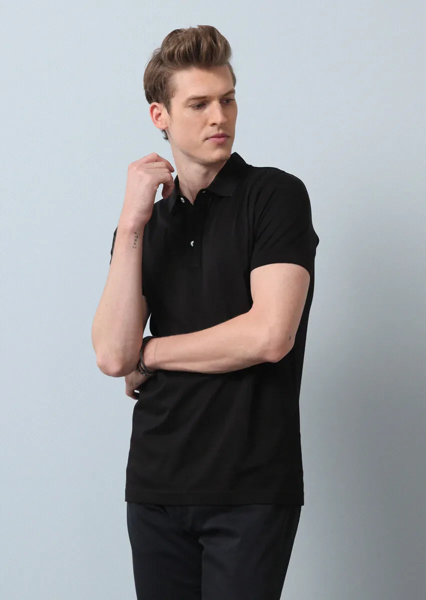 Black Plain Polo Neck 100% Cotton T-Shirt - 1