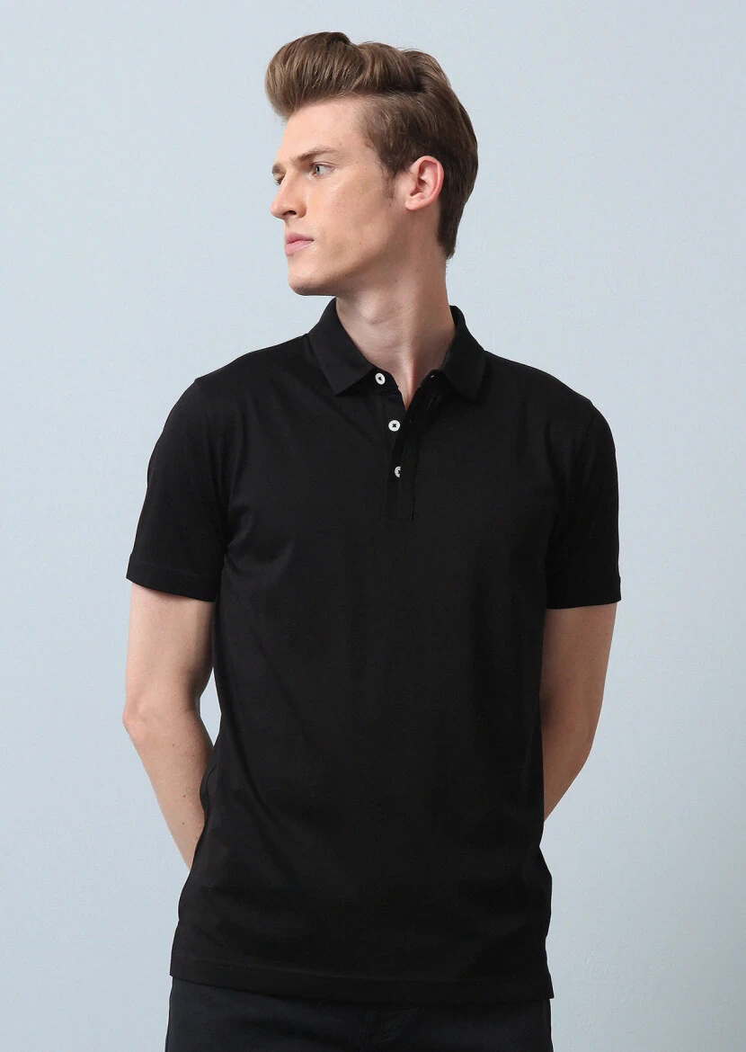 Black Plain Polo Neck 100% Cotton T-Shirt - 4