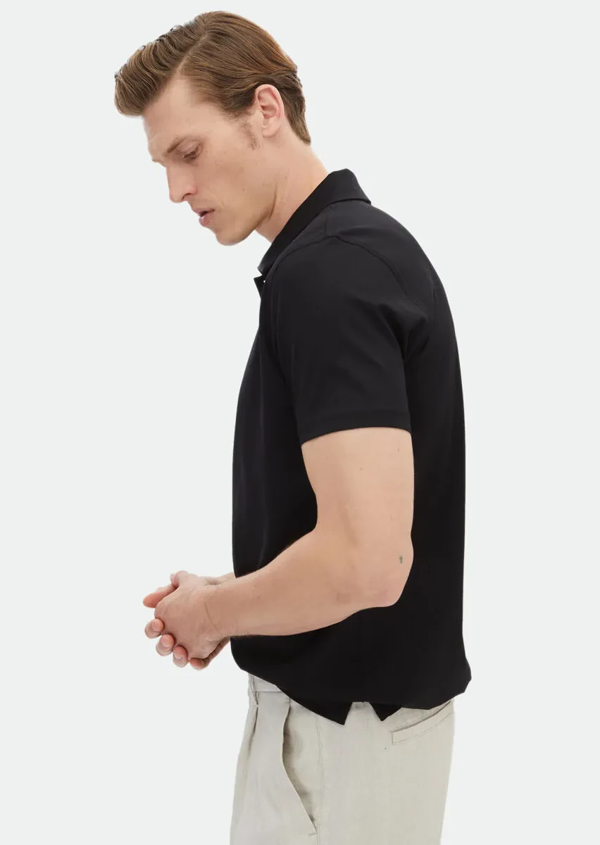 Black Plain Polo Neck 100% Cotton T-Shirt - 4