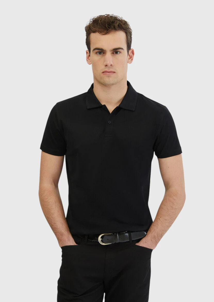 Black Plain Polo Neck 100% Cotton T-Shirt - RAMSEY