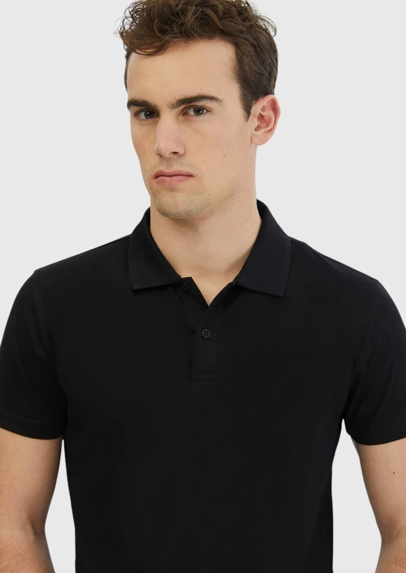 Black Plain Polo Neck 100% Cotton T-Shirt - 3