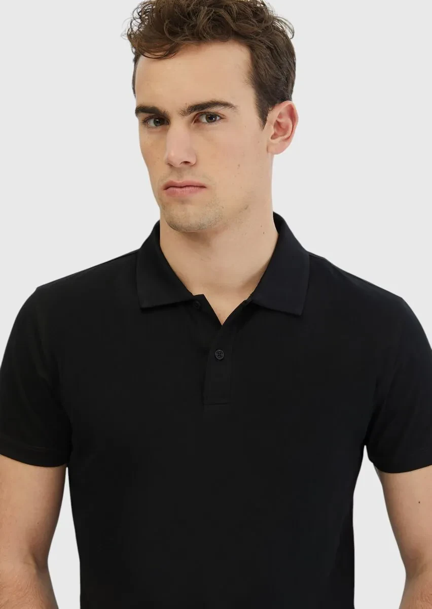 Black Plain Polo Neck 100% Cotton T-Shirt - 3