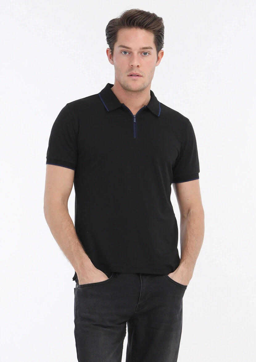 Black Plain Polo Neck Cotton Blended T-Shirt 