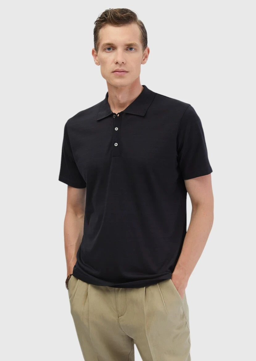 Black Plain Polo Neck Cotton Blended T-Shirt - RAMSEY