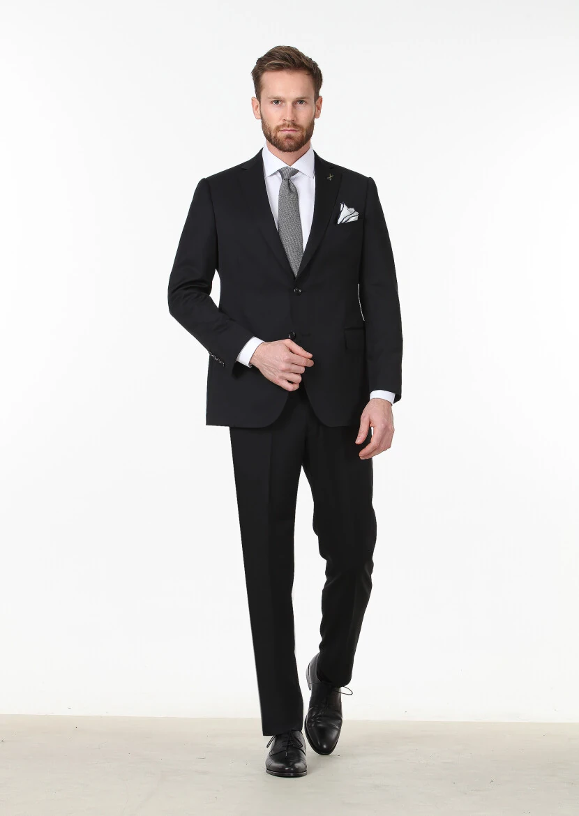Black Plain Regular Fit 100% Wool Suit - 1