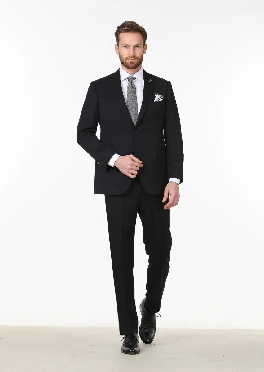Black Plain Regular Fit 100% Wool Suit - 1
