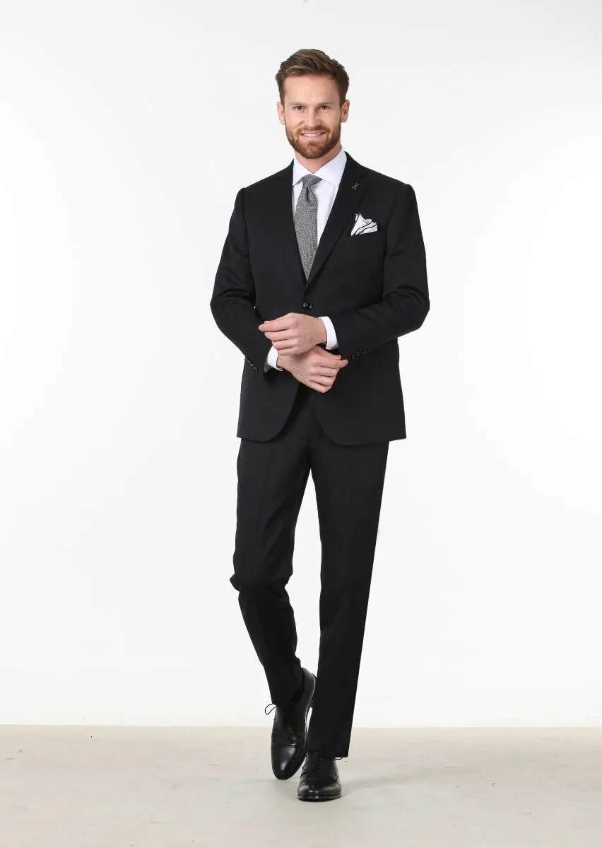 Black Plain Regular Fit 100% Wool Suit - 2